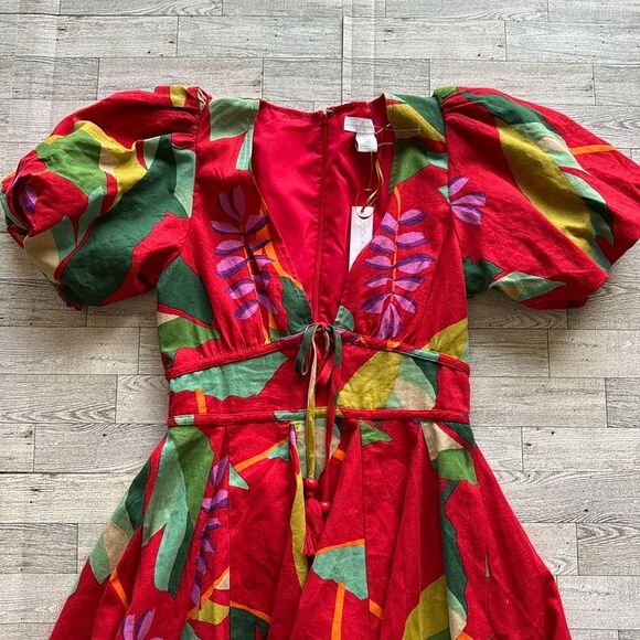 NWT Anthropologie House of Harlow 1960 Linen Red Floral Puff Sleeves Dress Sz 2 - Picture 4 of 12